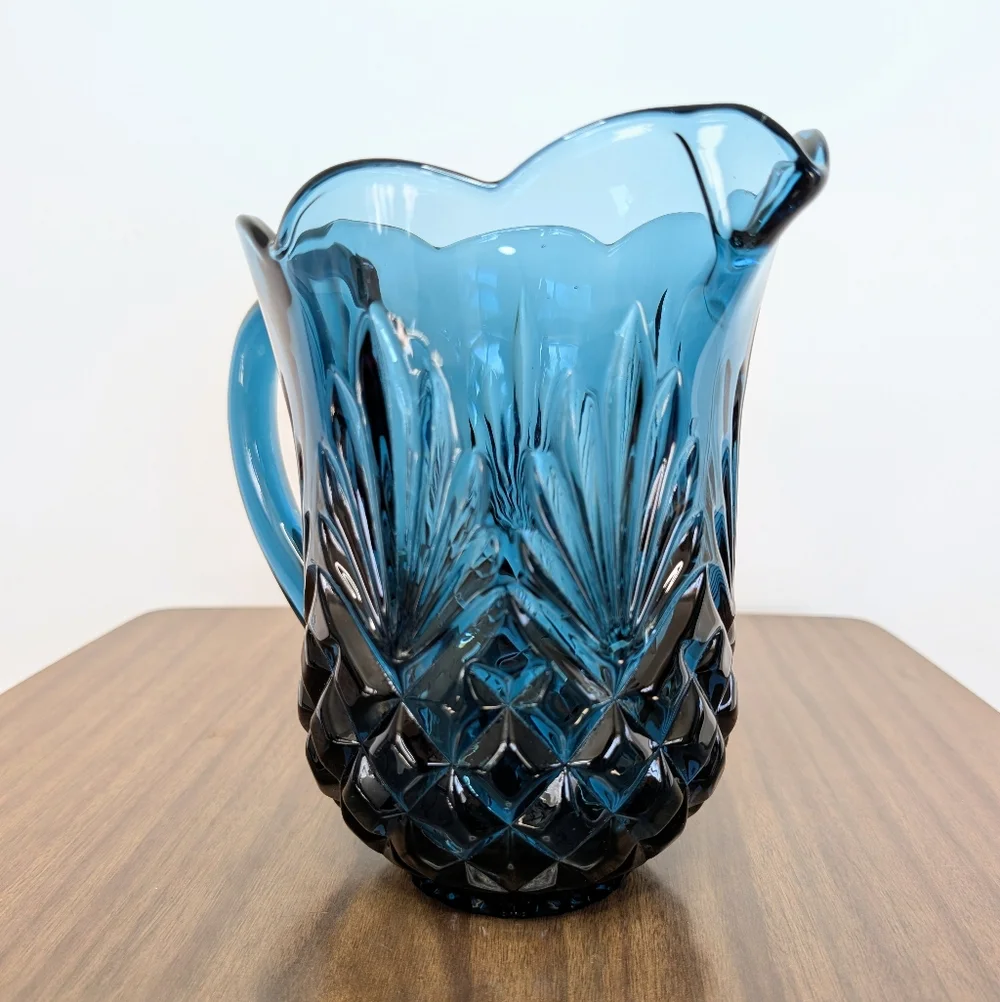 Jeffrey Banks Dark Blue Cut Crystal Pitcher Scalloped Edges Shannon By Godinger
